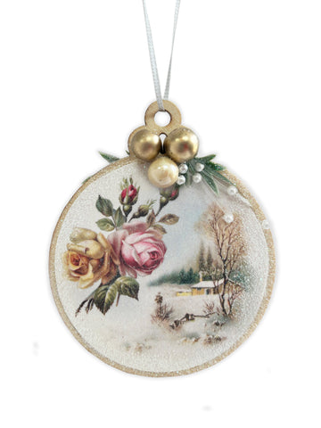 Bring back the 1890s and add a timeless touch to your home decor. This vintage style Christmas Ornament is created using pearls, beads and glittering accents. Perfect for you or a gift to another! Round 2.75 inch wooden ornament. German vintage art taken from the 1890s. Each side is embellished with a soft glitter spray over the print and additional fine glitter snow applied to sides. 