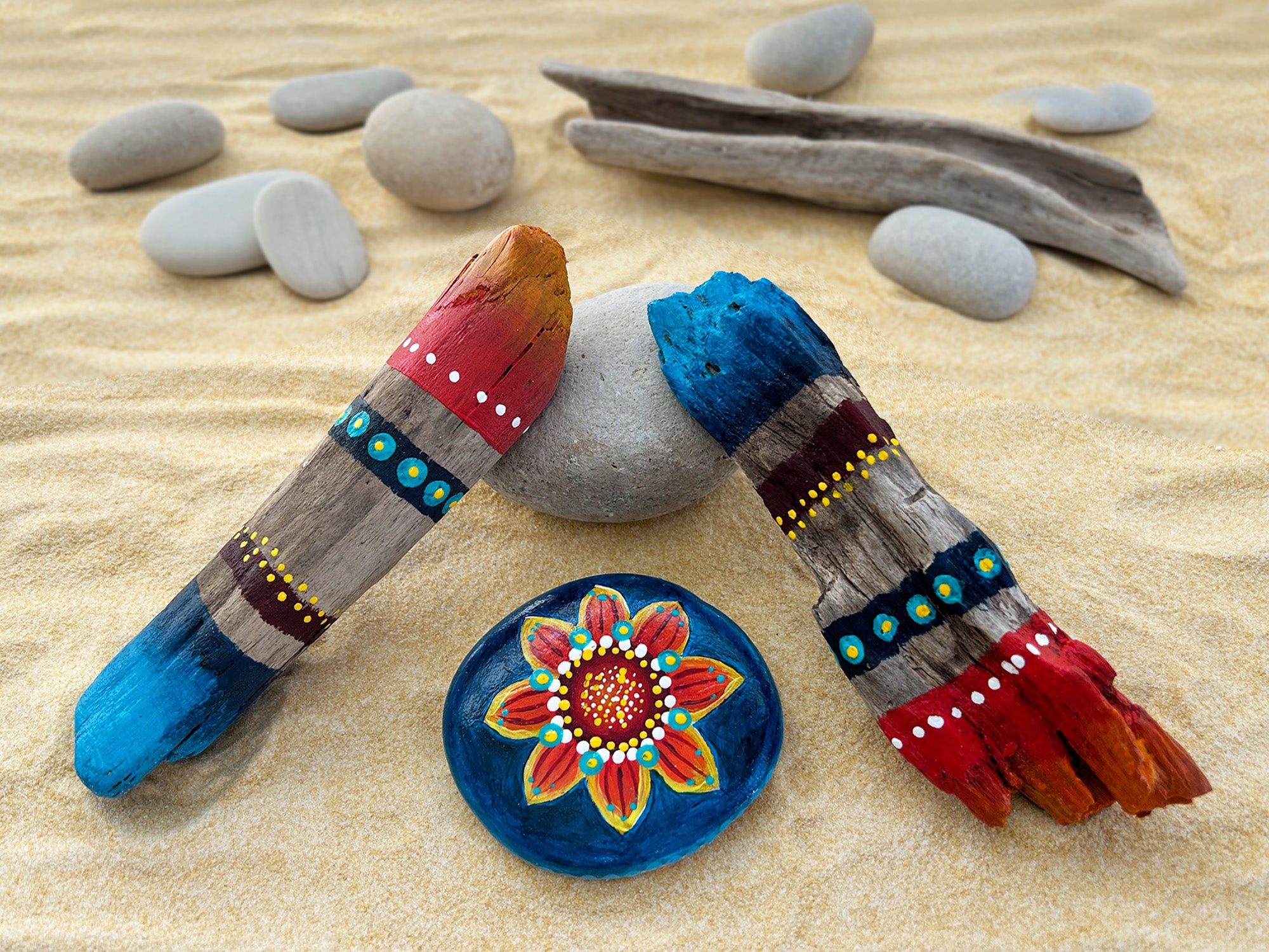 Check out our Caribbean art color palette painted on shoreline treasures. This is a one-of-a-kind creation. Each item has been hand-painted and uniquely fashioned just for you. Great gift idea for that special someone or a treasure just for you! Our driftwood and stones have been hand-selected while walking the shoreline. Each piece is uniquely shaped and smoothed from the water and motion of waves. All of our driftwood and stone have been washed, painted and sealed. - tribegift.com