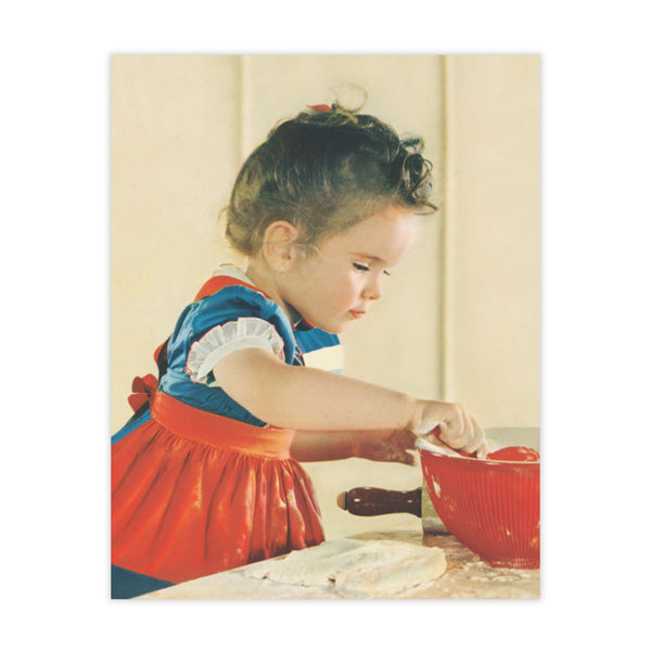 This young lady can bake "All By Herself." Vintage baking 1900s calendar print depicts a young woman with determination. Love the red apron with the blue and white dress! Vintage print reproduction measures 8 x 10 inches. The red, white and blue color story definitely speaks patriotism. Printed on durable cover stock with soft velvet finish. tribegift.com