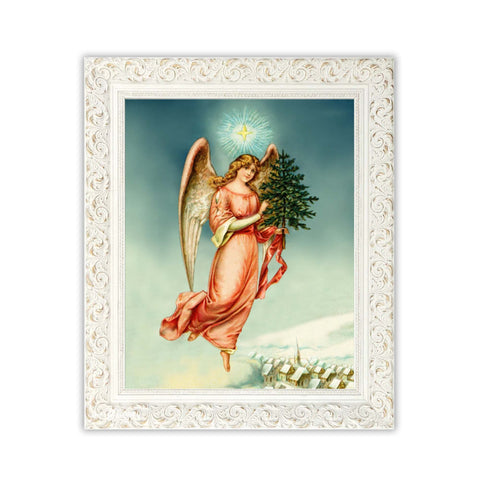 Vintage Angels - An elegant vintage angel watches over a wintry village. Because angels appeared high in the sky on that very first Christmas, winter vintage angel illustrations were a reminder that they still watch over us today. Vintage print reproduction measures 8 x 10 inches. Angel dressed in peach-colored gown while holding evergreen tree with bright light behind her. tribegift.com