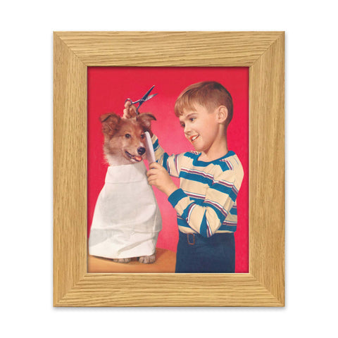 Barber Shop Art - Its time for a haircut! This young barber is enjoying dog grooming. Definite unique vintage print for a hair salon, barber shop, or a pet salon. Vintage grooming print reproduction measures 8 x 10 inches. Original art showcased on a 1900s calendar. Printed on durable cover stock with soft velvet finish. tribegift.com