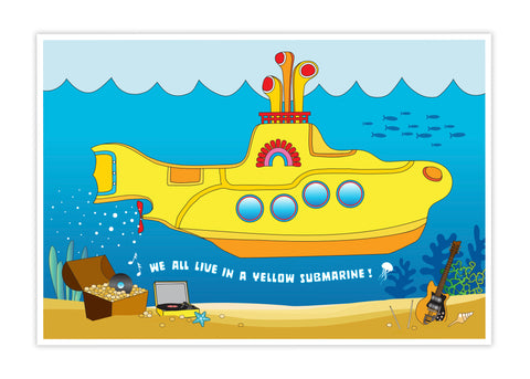 Yellow Submarine Poster - We have all grown to enjoy the “Yellow Submarine” song written by Paul McCartney and John Lennon. This poster re-creates a life of living beneath the waves in a yellow submarine. Ringo Starr’s drum sticks and John Lennon’s guitar are present. The party is set, and the music is played as the turn-table goes around and around playing a treasured song. Join the fish and sing as you present this gift to someone or hang it in your home! Poster measures 13 x 19 inches.  tribegift.com