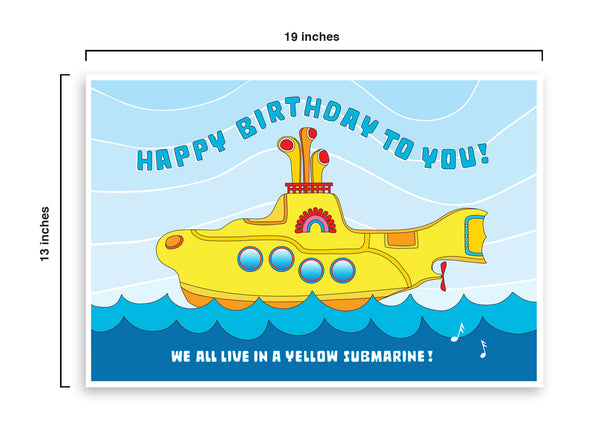 Party pack comes with Colorful "Happy Birthday To You" Yellow Submarine poster! Printed on durable cover stock with soft velvet finish. Measures 13 x 19 inches. Playful illustration showcases yellow submarine floating on blue water. tribegift.com Yellow Submarine Party Supplies