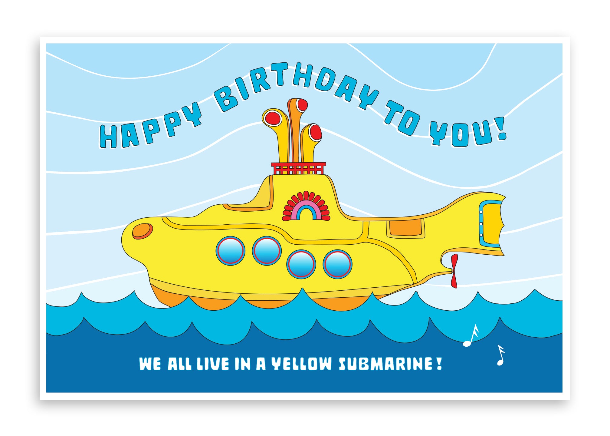 Colorful vibrant "Happy Birthday To You" Yellow Submarine poster! Printed on durable cover stock with soft velvet finish. Measures 13 x 19 inches. Playful illustration showcases yellow submarine floating on blue water. Yellow Submarine Poster shipped in 1.6 mil thick protective sleeve, rolled up, and then placed in corrugated 14" x 3" x 3" mailer - double protection!  tribegift.com