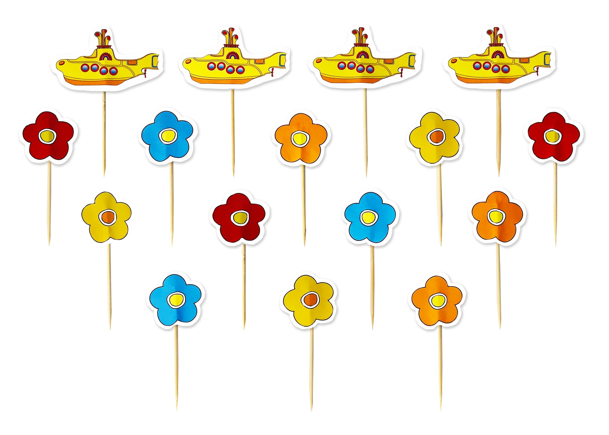 Colorful vibrant Beatles Cake Toppers - Yellow Submarine food picks or cupcake toppers! 16 food picks made with !00% natural bamboo – biodegradable. Each pick measures 4 inches high with an estimated 2 ½ inch wood pick area. Picks include 4 yellow submarines and three blue, red, orange, and yellow flower heads. Art printed on 100 LB. text weight paper with soft velvet finish. Perfect for cupcake toppers or food picks!  - tribegift.com