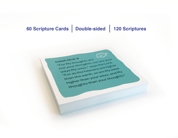 Sea-inspired set of 60 scripture cards with a new scripture printed on each side of the card. Scripture card set includes 120 verses that come from each of the 66 books of the Bible - New King James Version. Printed and packaged in chronological order from Genesis to Revelation. Sea-life line art illustration featured on each card. tribegift.com