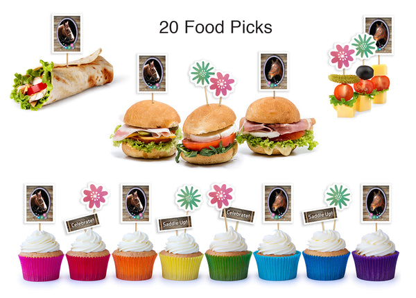 Colorful vibrant food picks - perfect horse cupcake toppers or serve your appetizers using horse-themed food picks! 20 food picks made with 100% natural bamboo – biodegradable. Picks include 8 horse portraits, 4 pink flower heads, 4 green flower heads, 2 “Saddle Up!” text picks, and 2 “Celebrate!” text picks. Art printed on 100 LB. text weight paper with soft velvet finish. Perfect for your horse-themed celebration!  tribegift.com