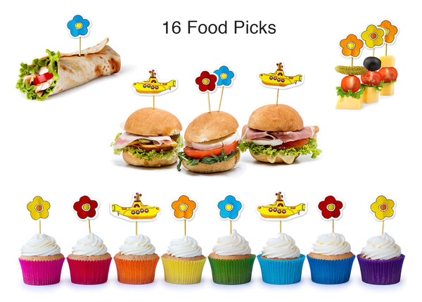 Colorful vibrant Beatles Cake Toppers - Yellow Submarine food picks or cupcake toppers! 16 food picks made with !00% natural bamboo – biodegradable. Each pick measures 4 inches high with an estimated 2 ½ inch wood pick area. Picks include 4 yellow submarines and three blue, red, orange, and yellow flower heads. Art printed on 100 LB. text weight paper with soft velvet finish. Perfect for cupcake toppers or food picks!  - tribegift.com