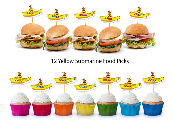 Colorful vibrant Beatles Cake Toppers - Yellow Submarine food picks or cupcake toppers! 12 food picks made with !00% natural bamboo – biodegradable. Each pick measures 4 inches high with an estimated 2 ½ inch wood pick area. Picks include 10 yellow submarines. Art printed on 100 LB. text weight paper with soft velvet finish. Perfect for cupcake toppers or food picks!  - tribegift.com