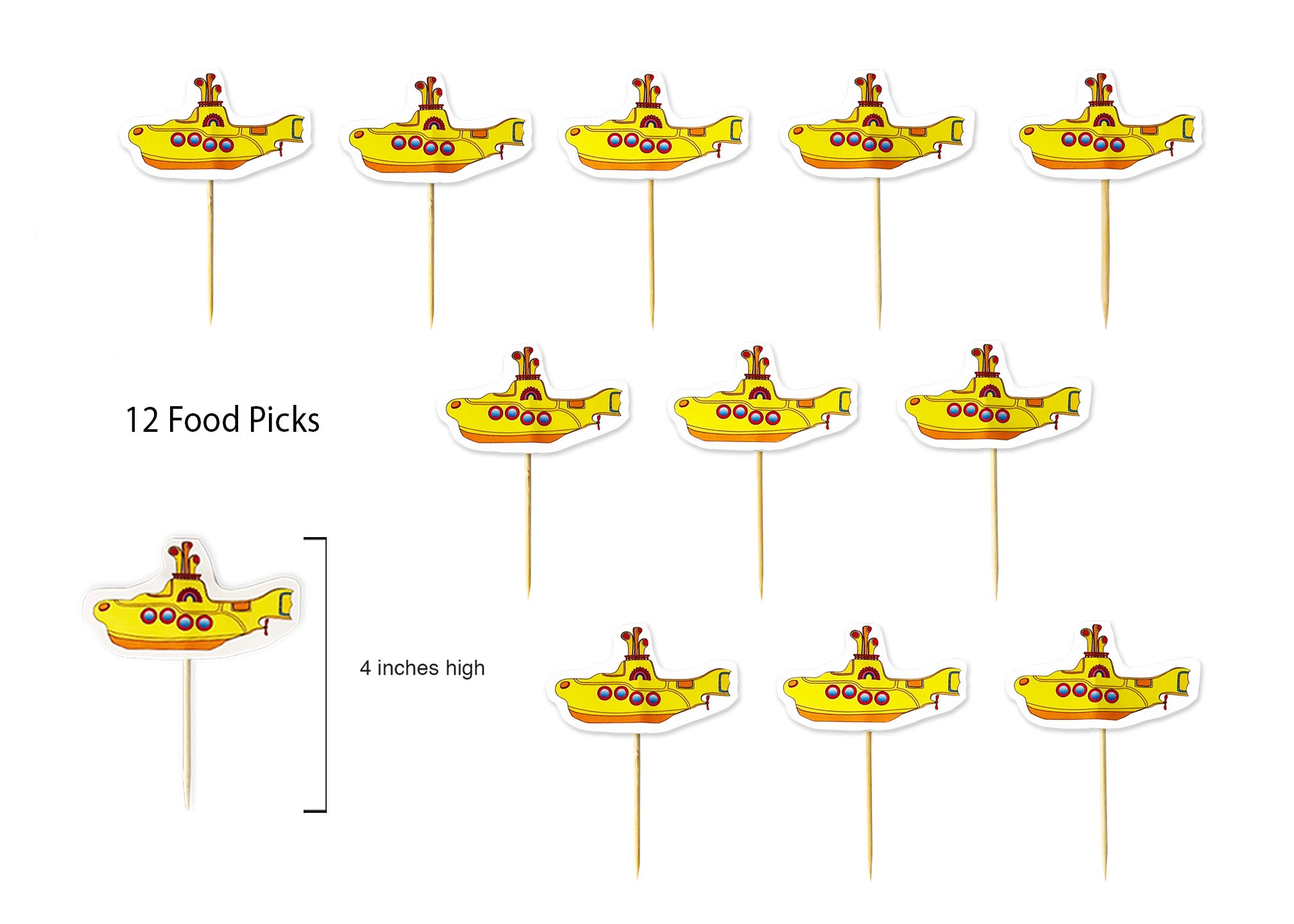 Colorful vibrant Beatles Cake Toppers - Yellow Submarine food picks or cupcake toppers! 12 food picks made with !00% natural bamboo – biodegradable. Each pick measures 4 inches high with an estimated 2 ½ inch wood pick area. Picks include 10 yellow submarines. Art printed on 100 LB. text weight paper with soft velvet finish. Perfect for cupcake toppers or food picks!  - tribegift.com