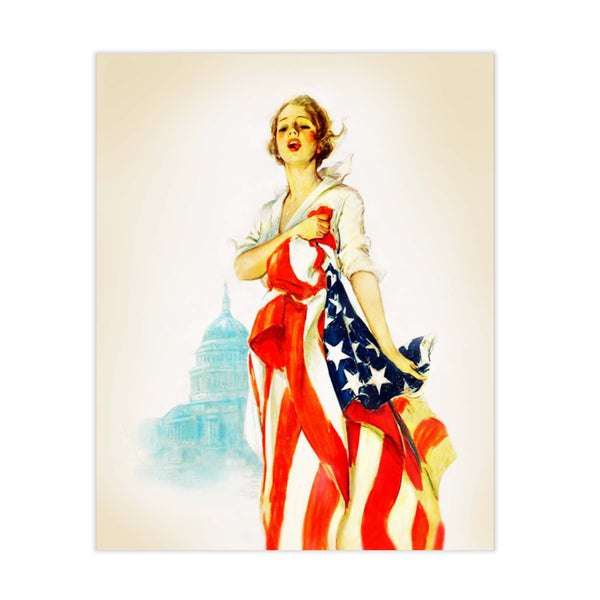 Generations of women stood up, rallied and lobbied in Washington, D.C. on behalf of American causes. This 1917 illustration was used to summon comradeship in America. The spirit of comradeship makes victory possible! Original patriotic wall art was used as a recruitment poster. Patriotic woman clutches American flag as a patriotic reminder and U.S. Capitol lies in the background. This reproduction is printed on durable cover stock with soft velvet finish. Measures 8 x 10 inches. Tribegift.com