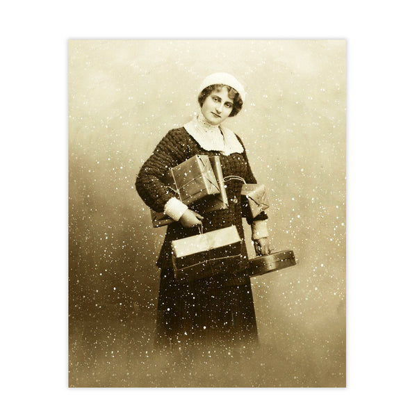 Now here’s a woman on a mission!  She confidently carries her packages amid falling snow. This vintage photo is a reminder to us that women throughout the course of time have been bringing home the packages! Vintage print reproduction measures 8 x 10 inches. Printed on durable cover stock with soft velvet finish. Did you know?  tribegift.com