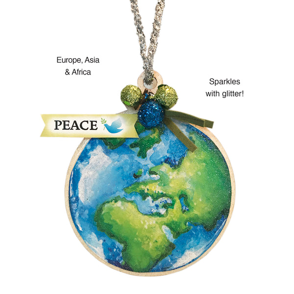 World peace gifts  - Our World Peace Gift sparkles with glitter as it showcases both sides of the world. It is a reminder to us that together we can change the world with one act of kindness after another. An eco-green and blue color palette is used to promote sustainable global awareness as together we encourage each other to respect, protect and preserve our world. This World Peace Gift is dedicated to world peace, peaceful homes and peaceful communities. -  tribegift.com