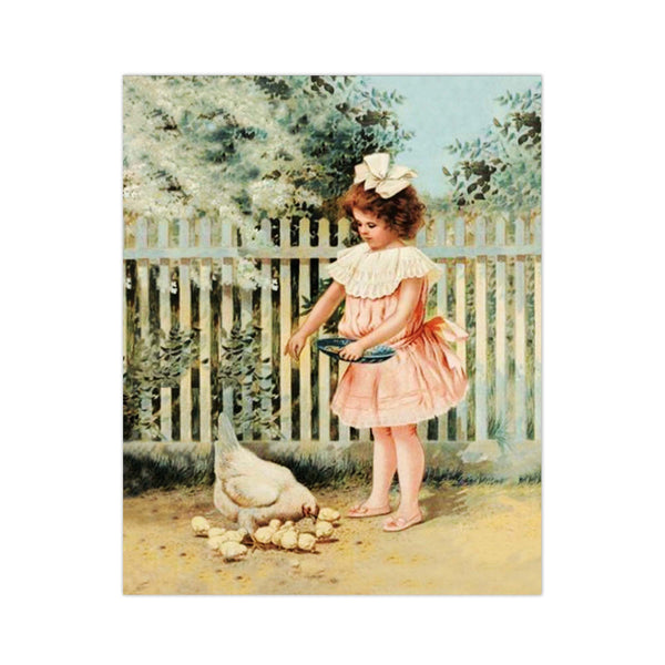 Check out this elegant vintage chicken print of a young lady feeding her chicken and chicks on a beautiful spring day. Soft aqua greens surround her as she cares for her feathered friends! Vintage print found on a Gallant's Feed Store advertisement. Vintage print reproduction measures 8 x 10 inches. Printed on durable cover stock with soft velvet finish. tribegift.com