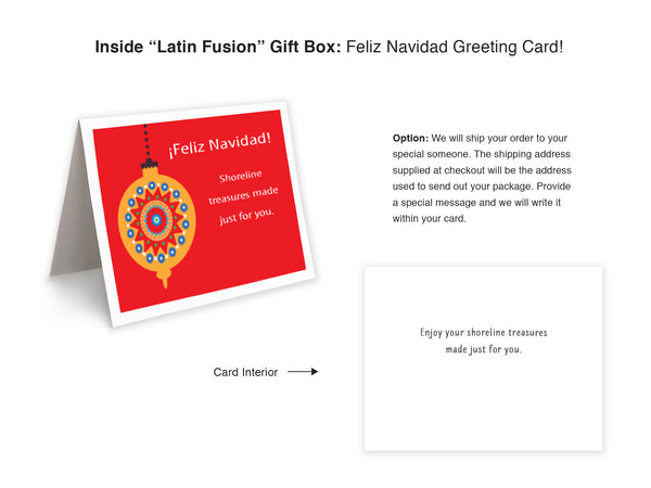 Say "Feliz Navidad!" with Latin Fusion gift box! It's that special gift you find at a beachside souvenir shack along the coast of Mexico. Driftwood and stone come together to create beautiful shoreline treasures! Driftwood and stone hand-selected while walking shoreline. Color palette and embellishments reflect warm and lively Latin culture. Sun symbol represents completion of a great work. Card included - option to include your message if we send your box for you.  Feliz Navidad gifts! - tribegift.com
