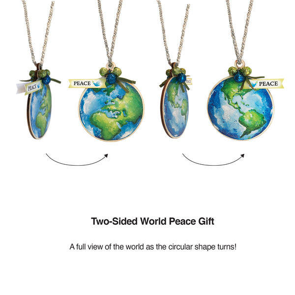 World peace gifts  - Our World Peace Gift sparkles with glitter as it showcases both sides of the world. It is a reminder to us that together we can change the world with one act of kindness after another. An eco-green and blue color palette is used to promote sustainable global awareness as together we encourage each other to respect, protect and preserve our world. This World Peace Gift is dedicated to world peace, peaceful homes and peaceful communities. -  tribegift.com