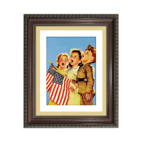 Celebrate American history with this vintage print that projects patriotic energy. Patriotic Wall Art. Frances Tipton Hunter beautifully illustrated three children singing their hearts’ out on behalf of their country. She most certainly captured the surge of patriotism that was occurring in 1944!  July 8, 1944 Collier’s Magazine cover illustration (American magazine founded in 1888). Reproduction printed on durable cover stock with soft velvet finish. Measures 8 x 10 inches.  tribegift.com