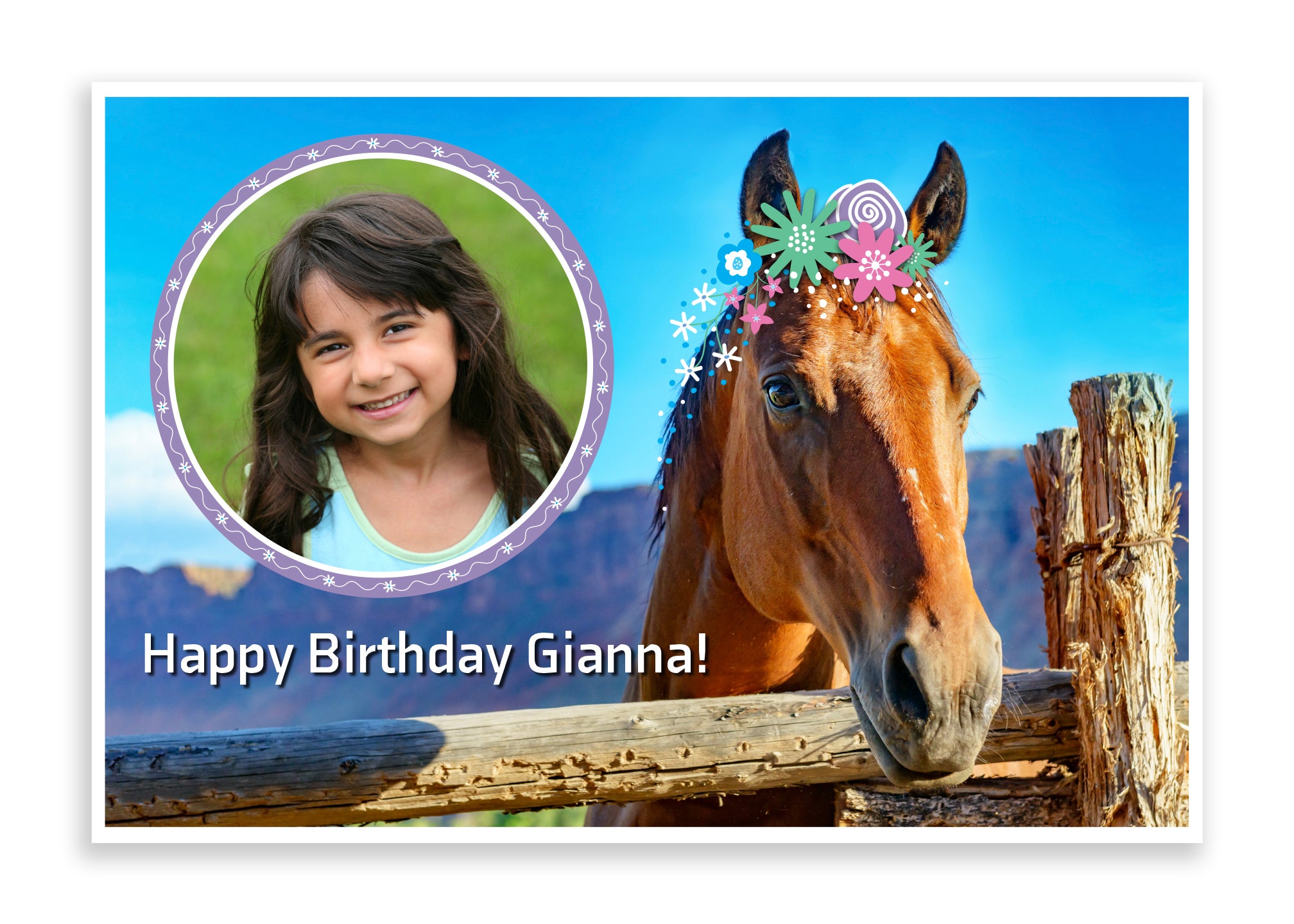 Horse Party Decorations - Personalized Poster – I Love Horses. Personalize with your photo and text! Create a message for your special someone!  Print approval based on your approval of provided proof. Poster showcases a beautiful horse amid blue skies on a bright sunny day. Playful floral illustration adds a fanciful touch. Printed on durable 13 x 19 cover stock with soft velvet finish. Great for wall décor once the event is over! tribegift.com