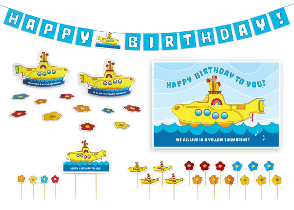 Yellow Submarine Party Supplies - colorful vibrant Yellow Submarine Party Pack! Includes pennant banner, poster, cut-out décor, cake topper and food picks. Pennant banner comes fully assembled and measures 74 inches wide. Poster measures 13 x 19 inches. Cut-out decor is easily assembled and measures 5 1/2 inches high by 9 1/2 inches wide. Cake topper measures 9 1/2 inches high by 7 1/4 inches wide. 16 Food Picks are made with 100% natural bamboo – biodegradable!  – tribegift.com