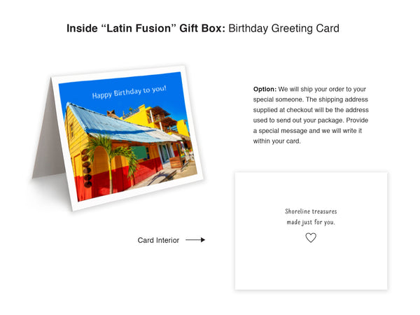 Latin Fusion Happy Birthday gift box! It's that special gift you find at a beachside souvenir shack along the coast of Mexico. Driftwood and stone come together to create beautiful shoreline treasures! Driftwood and stone hand-selected while walking shoreline. Color palette and embellishments reflect warm and lively Latin culture. Sun symbol represents completion of a great work. Birthday card included - option to include your message if we send your box for you.  Mexican birthday gift! - tribegift.com