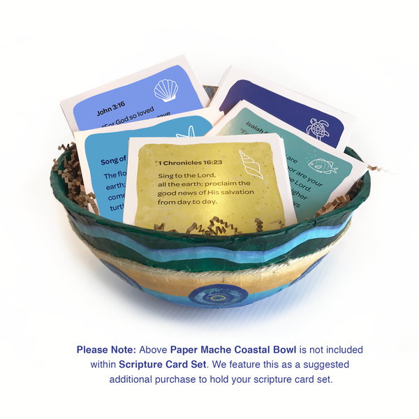 Paper Mache Coastal Bowl featured with Scripture Card Set as a suggested additional purchase to hold your scripture card set. Experience the beauty of a peaceful shoreline with paper mache coastal bowls. Hand-painted using vibrant seaside color palette. Handmade with irregular and imperfect surface. Layered with paper and twine. Created using recycled and up-cycled materials. Lightweight, durable and vibrant. 9 "to 9 1/2" Diameter - 3 3/4" to 4 1/2" Found within our Ocean Breeze Collection.   tribegift.com