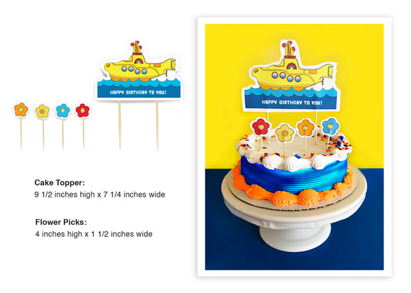 Party pack comes with colorful Yellow Submarine cake topper - - Happy Birthday To You! Cake topper showcases a yellow submarine floating on blue water. Four flower cake picks come with the Yellow Submarine cake topper. All picks are made out of 100% Natural Bamboo - biodegradable! Cake topper measures 9 1/2 inches high by 7 1/4 inches wide. Perfect cake topper for your Yellow Submarine birthday party!  - tribegift.com. Yellow Submarine Party Supplies