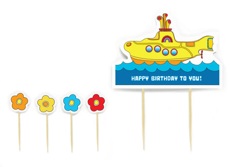 Colorful vibrant Yellow Submarine cake topper - - Happy Birthday To You! Cake topper showcases a yellow submarine floating on blue water. Four flower cake picks come with the Yellow Submarine cake topper. All picks are made out of 100% Natural Bamboo - biodegradable! Art printed on 100 LB. text weight paper with soft velvet finish. Perfect cake topper for your Yellow Submarine birthday party! - tribegift.com