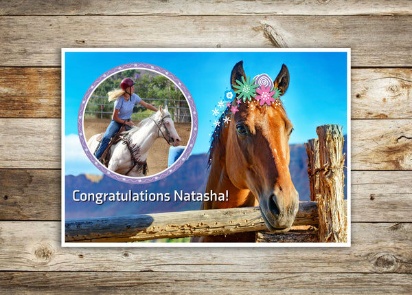 Horse Party Decorations - Personalized Poster – I Love Horses. Personalize with your photo and text! Create a message for your special someone!  Print approval based on your approval of provided proof. Poster showcases a beautiful horse amid blue skies on a bright sunny day. Playful floral illustration adds a fanciful touch. Printed on durable 13 x 19 cover stock with soft velvet finish. Great for wall décor once the event is over! tribegift.com