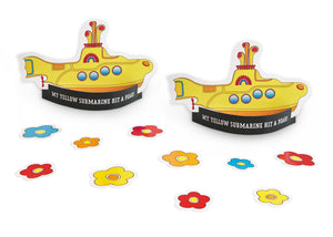 Two bold and brave "Over the Hill Yellow Submarine" cut-outs that announce "My Yellow Submarine Hit a Peak!" This is no average "Over the Hill" party theme. We are talking mountains - not hills. Enjoy celebrating getting old Beatle style! Perfect Yellow Submarine decor for your "Over the Hill" party and after the party, decorate your special room. Easy assembly! Bowed paper base stands up each yellow submarine. Package includes 2 yellow submarines, 5 large flowers and 5 small flowers. tribegift.com