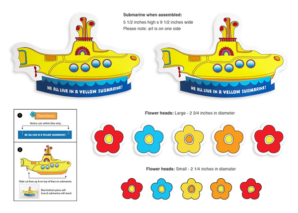 Party pack comes with 2 colorful "We All Live in a Yellow Submarine" cut-outs! Perfect for Yellow Submarine party supplies or use as home decor for that special room! Easy assembly – bowed paper base stands up each yellow submarine. Package includes 2 submarines, 5 large flowers and 5 small flowers. Yellow Submarine measures 5 1/2 inches high by 9 1/2 inches wide. Please note: art is on one side. -tribegift.com