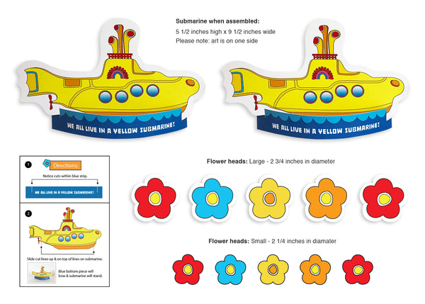 2 colorful vibrant "We All Live in a Yellow Submarine" cut-out decorations! Perfect Yellow Submarine party supplies or use as home decor for that special room! Easy assembly – bowed paper base stands up each yellow submarine. Package includes 2 submarines, 5 large flowers and 5 small flowers. Printed on durable cover stock with soft velvet finish. Please note: art is on one side. - tribegift.com