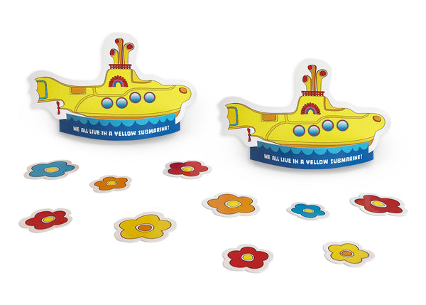 2 colorful vibrant "We All Live in a Yellow Submarine" cut-out decorations! Perfect Yellow Submarine party supplies or use as home decor for that special room! Easy assembly – bowed paper base stands up each yellow submarine. Package includes 2 submarines, 5 large flowers and 5 small flowers. Printed on durable cover stock with soft velvet finish. Please note: art is on one side. - tribegift.com