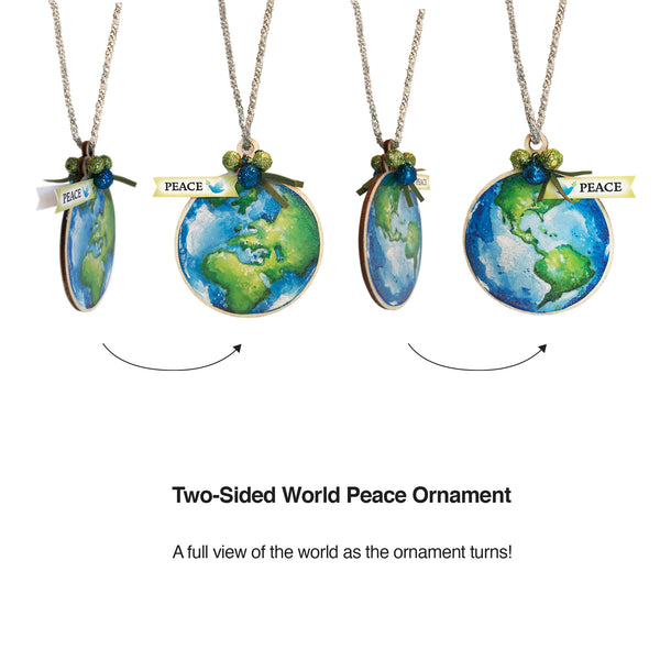 World Peace Christmas Ornaments - Our World Peace Ornament sparkles with glitter as it showcases both sides of the world. It is a reminder to us that together we can change the world with one act of kindness after another. An eco-green and blue color palette is used to promote sustainable global awareness as together we encourage each other to respect, protect and preserve our world. This ornament is dedicated to world peace and to peaceful homes. -  tribegift.com