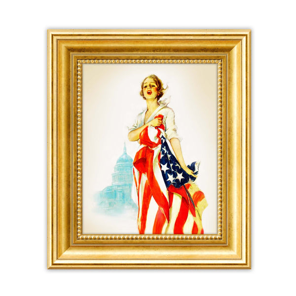 Generations of women stood up, rallied and lobbied in Washington, D.C. on behalf of American causes. This 1917 illustration was used to summon comradeship in America. The spirit of comradeship makes victory possible! Original patriotic wall art was used as a recruitment poster. Patriotic woman clutches American flag as a patriotic reminder and U.S. Capitol lies in the background. This reproduction is printed on durable cover stock with soft velvet finish. Measures 8 x 10 inches. Tribegift.com