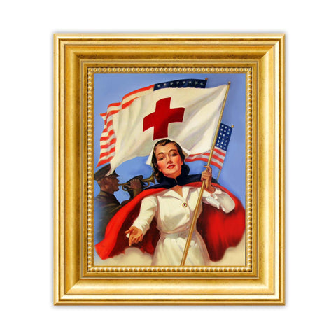 In 1941, this print was used as a stand-up advertisement for the American Red Cross. We are reminded of how Americans came together to serve and provide hope during times of emergency. Original painting created by Bradshaw Crandell. An American nurse is holding a Red Cross flag in her left hand while her right hand is extended forward to invite others to join American Red Cross. This reproduction is printed on stock with soft velvet finish. Measures 8 x 10 inches. Tribegift.com