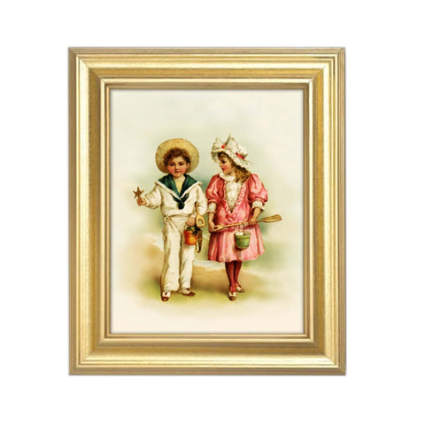 This vintage beach print showcases a young sailor boy with a young lady as they walk with their buckets and spades. A starfish in his right hand and a seahorse hanging from his bucket, we can see that this young sailor has already found treasures! Illustration from a postcard sent in the 1800s by a Dutch chocolate company named “Cacao en Chocolaad A. Dreissen.” Vintage print reproduction measures 8 x 10 inches. Printed on durable cover stock with soft velvet finish. tribegift.com