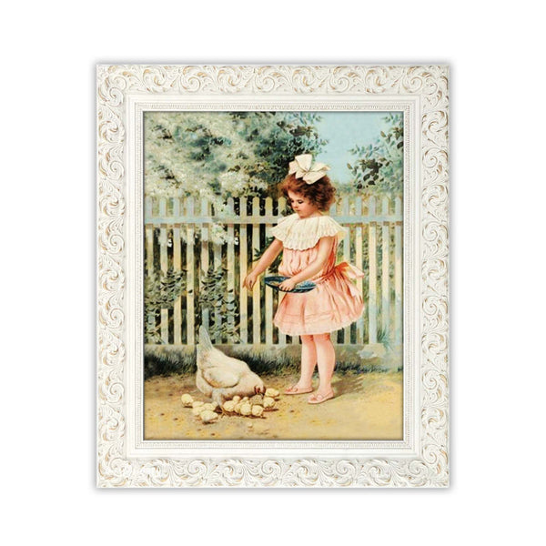 Check out this elegant vintage chicken print of a young lady feeding her chicken and chicks on a beautiful spring day. Soft aqua greens surround her as she cares for her feathered friends! Vintage print found on a Gallant's Feed Store advertisement. Vintage print reproduction measures 8 x 10 inches. Printed on durable cover stock with soft velvet finish. tribegift.com