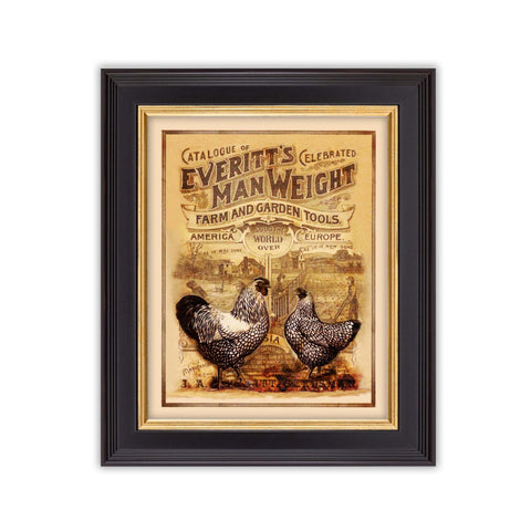 Everitt’s Man Weight Farm and Garden Tools were sold all over the world. This vintage catalogue cover is rich is sepia tones. The rooster and hen are prominently displayed in front. Makes for an eye-catching vintage farm prints! This is an 1893 catalogue cover and focuses on America and Europe. Everitt’s Farm and Garden Tools were also sold in Africa, Asia and Australia. Vintage print reproduction measures 8 x 10 inches. Printed on durable cover stock with soft velvet finish. tribegift.com