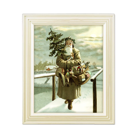 St. Nicholas travels throughout the world with special gifts for boys and girls. This old world Christmas print showcases the legend of St. Nicholas Victorian print reproduction measures 8 x 10 inches. Printed on durable cover stock with soft velvet finish. St. Nicholas is illustrated with a holly-berry wreath on his head, a small tree tucked in his arms, and a basketful of children’s presents. We are reminded of St. Nicholas’ travels, his love for children and generous giving. tribegift.com