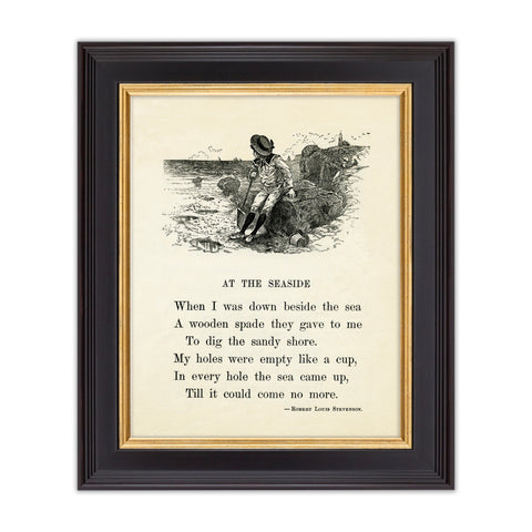 Robert Louis Stevenson’s seaside poem showcases a boy at the beach. He has been digging holes in the sand with his wooden shovel and is now resting on a large rock that overlooks the sea. Perfect seaside vintage wall décor and an elegant reminder of early-reader days! This page is from a book entitled, “Child Life A First Reader” and was printed in 1902. Vintage print reproduction measures 8 x 10 inches. Printed on durable cover stock with soft velvet finish. Tribegift.com