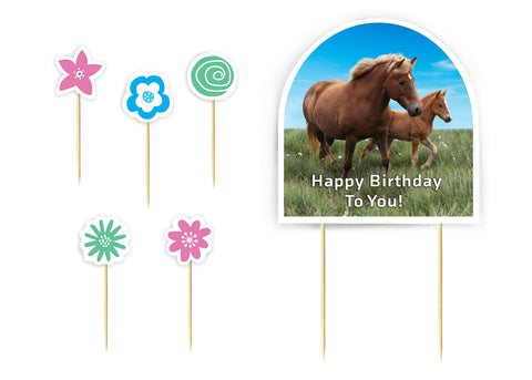 Colorful vibrant "Happy Birthday to You" horse cake topper made especially for your horse lover.  Looking for horse cake decorations? This is a must have! Cake topper showcases a horse and pony strolling the meadows on a beautiful blue sky day. Five flower cake picks come with this topper. All picks made out of 100% Natural Bamboo - biodegradable! Printed on paper with soft velvet finish. Measures 9 1/2 inches high by 5 3/8 inches wide with flower picks measuring 4 inches high. tribegift.com