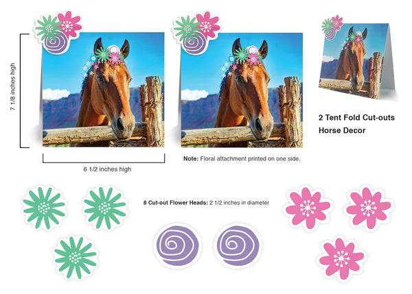 Colorful vibrant horse party decorations for your "I Love Horses" party! Use as equestrian room or barn décor, or as playful horse themed gift. Easy assembly! Tent fold stands up each horse cut-out portrait. Package includes 2 horse portraits and 8 flower cut-outs. Printed on durable cover stock with soft velvet finish. Horse tents measure 7 1/8 inches high by 6 1/2 inches wide. Cut-out flowers measure 2 ½ inches in diameter. tribegift.com