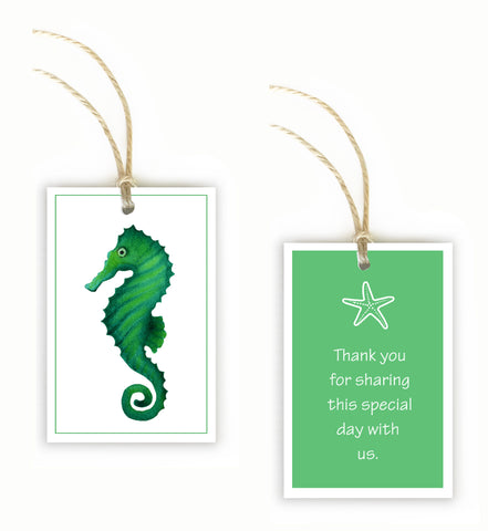 Elegant sea-inspired gift tag for your Ocean Breeze Collection purchase or personalize your favor tags as a thank you to special guests!  Printed on thick durable cover stock with soft velvet finish. 3 x 4.5 inches in size. Attached 10.5 inch twine. Perfect for Birthday gift tags or "Thank you for celebrating with us" tags! Multiple printing options to match your need. This picture showcases Option 2: Two-sided print – Thank you note on back: “Thank you for sharing this special day with us”   tribegift.com