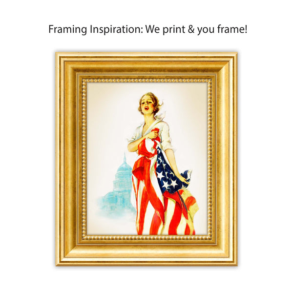 Generations of women stood up, rallied and lobbied in Washington, D.C. on behalf of American causes. This 1917 illustration was used to summon comradeship in America. The spirit of comradeship makes victory possible! Original patriotic wall art was used as a recruitment poster. Patriotic woman clutches American flag as a patriotic reminder and U.S. Capitol lies in the background. This reproduction is printed on durable cover stock with soft velvet finish. Measures 8 x 10 inches. Tribegift.com