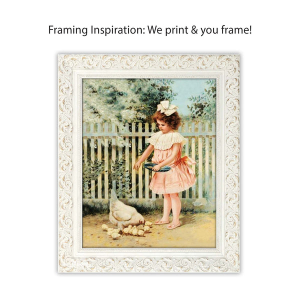 Check out this elegant vintage chicken print of a young lady feeding her chicken and chicks on a beautiful spring day. Soft aqua greens surround her as she cares for her feathered friends! Vintage print found on a Gallant's Feed Store advertisement. Vintage print reproduction measures 8 x 10 inches. Printed on durable cover stock with soft velvet finish. tribegift.com