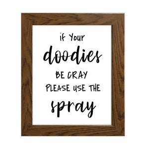 “If your doodies be cray please use the spray.” Add humor to your bathroom with a reminder that if things get crazy when visiting your bathroom, your family and guests are to remember to follow up with spray! Humorous print - bound to grab your reader’s attention! Measures 8 x 10 inches. Printed on durable cover stock with soft velvet finish. Please note: This is a print with no frame. tribegift.com